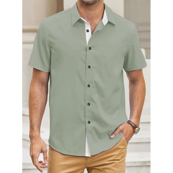 Men's 2 Green Casual Button Down Wrinkle-Free Short Sleeve Business Dress Shirt - Picture 3 of 9